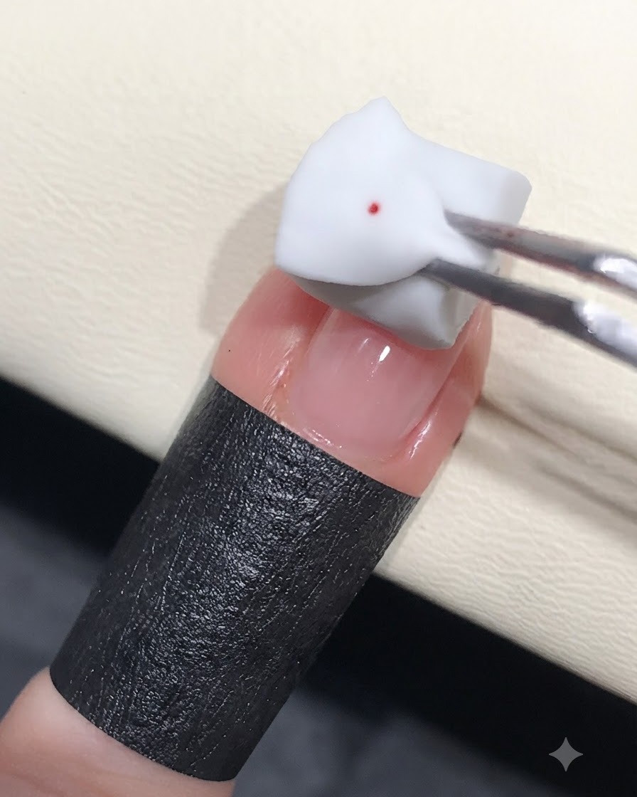 Ein mit einer Pinzette gehaltenes Schwämmchen, das tiefrotes Gel auf eine Nagelspitze tupft.