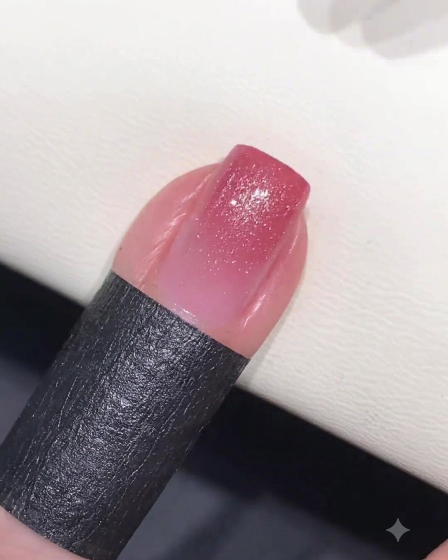 Ein schwarzer Magnet, der nah über einen glänzenden Cat-Eye-Gelnagel gehalten wird, um den Schimmer zu konzentrieren.
