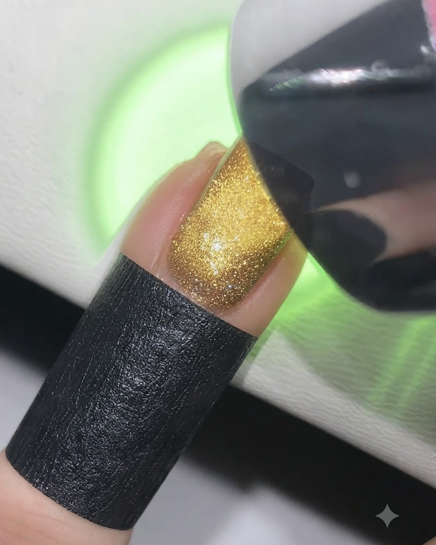 Ein Finger, der unter eine leuchtende UV- oder LED-Lampe gelegt wird, um den Cat-Eye-Nagellack auszuhärten.