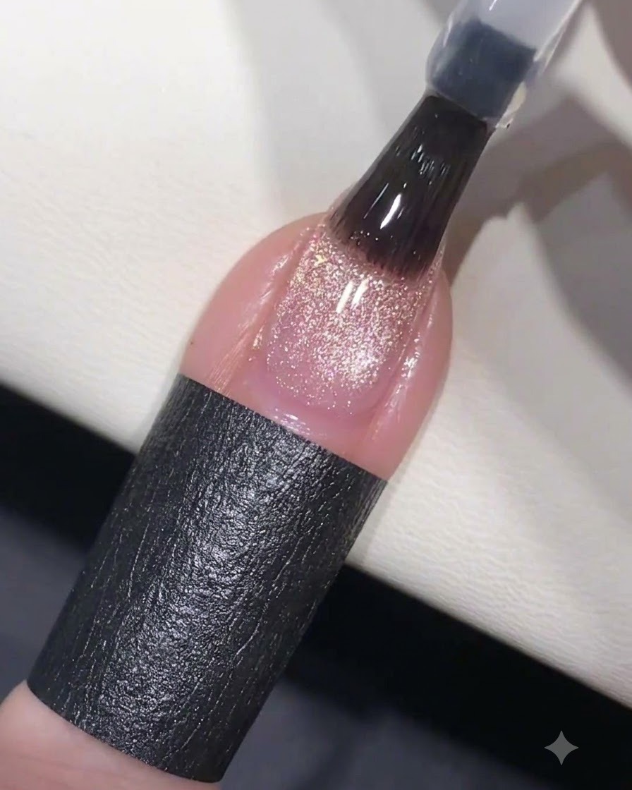 Ein Pinsel, der einen klaren, glänzenden Top Coat über das ausgehärtete Cat-Eye-Nageldesign aufträgt.