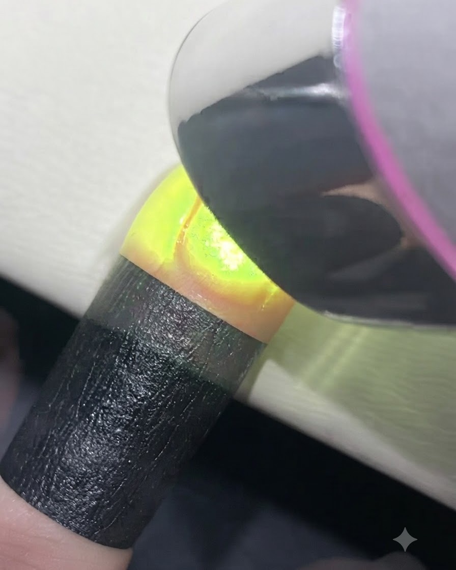 Ein Nagel, der unter einer hellen UV- oder LED-Lampe für die finale Top-Coat-Versiegelung aushärtet.