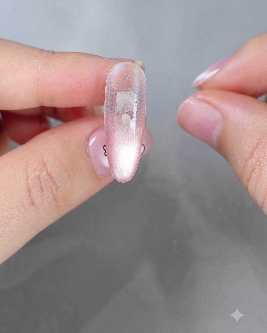 Die Gel-Nuance Rain & Clear Sky Nr. 6 wird auf den hinteren Rand des Nagels aufgetragen.