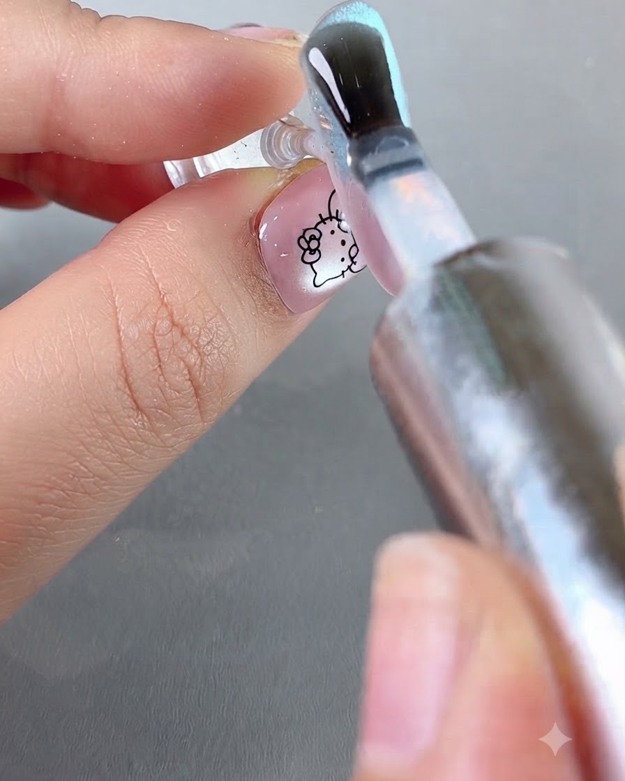 Ein Pinsel trägt einen dicken, glänzenden Abschluss-Top Coat über ein fertiges Nageldesign auf.