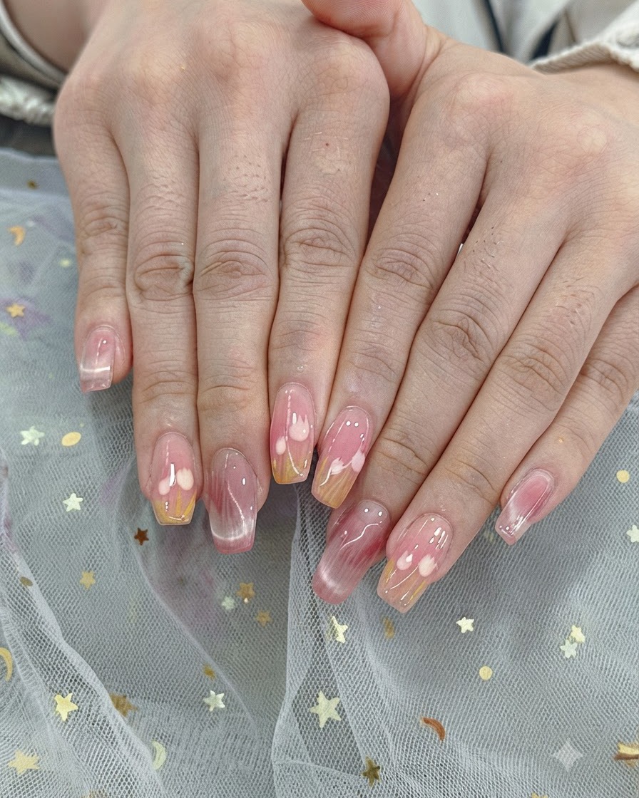 Eine Nahaufnahme von Händen, die sanftes gelbes Gel-Polish auf die Spitzen natürlich geformter Nägel auftragen.