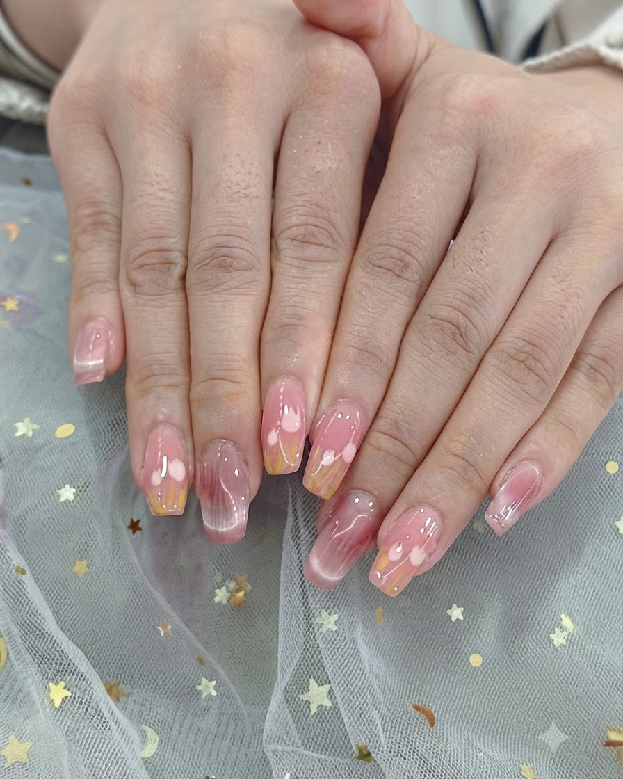 Hände von Kundinnen härten unter einem pinken Schein in einer UV- und LED-Nagellampe aus.