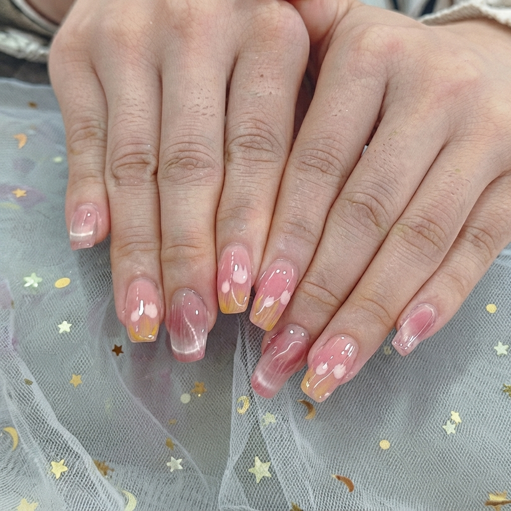 Eine Nageldesignerin nutzt einen feinen Pinsel, um winzige weiße Herzen auf Ombré-Nagelspitzen zu malen.