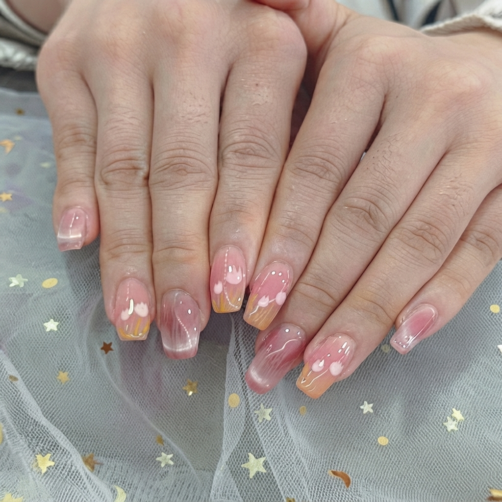 Ein Pinsel tupft zarte Schimmer-Glitzerpartikel um weiße Herzen auf einem Ombré-Nagel.