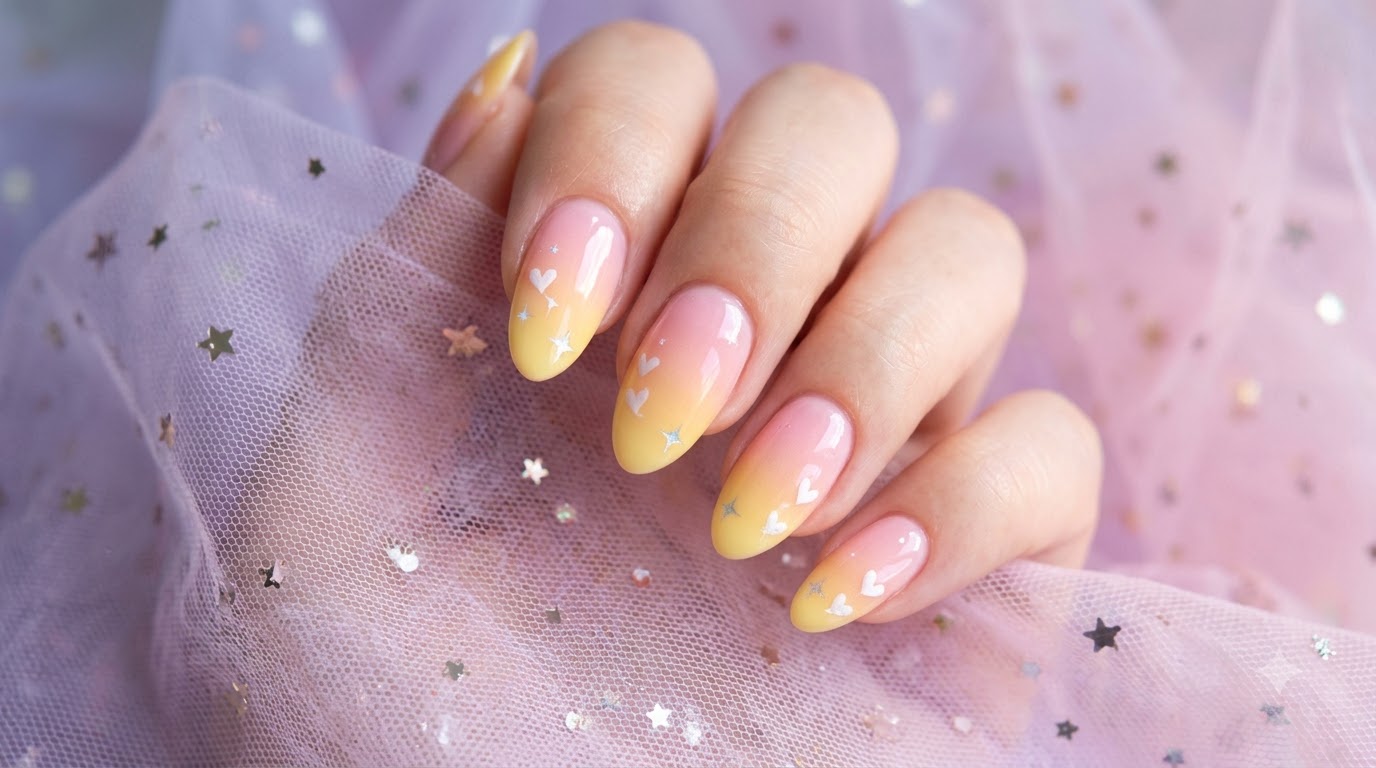 Rosa-Gelb Ombré-Nägel im Sunset-Look mit süßen Herzdetails