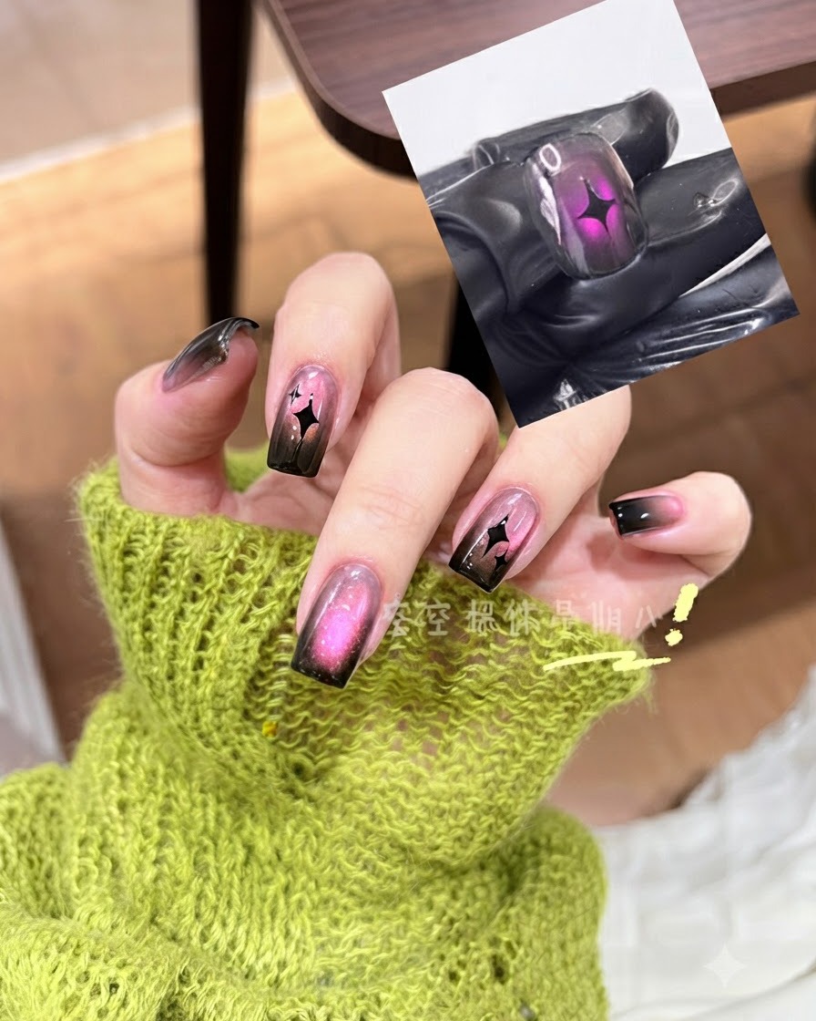 Ein Pinsel trägt lebendiges rosa Cat-Eye-Gel auf den vorbereiteten Nagel auf.