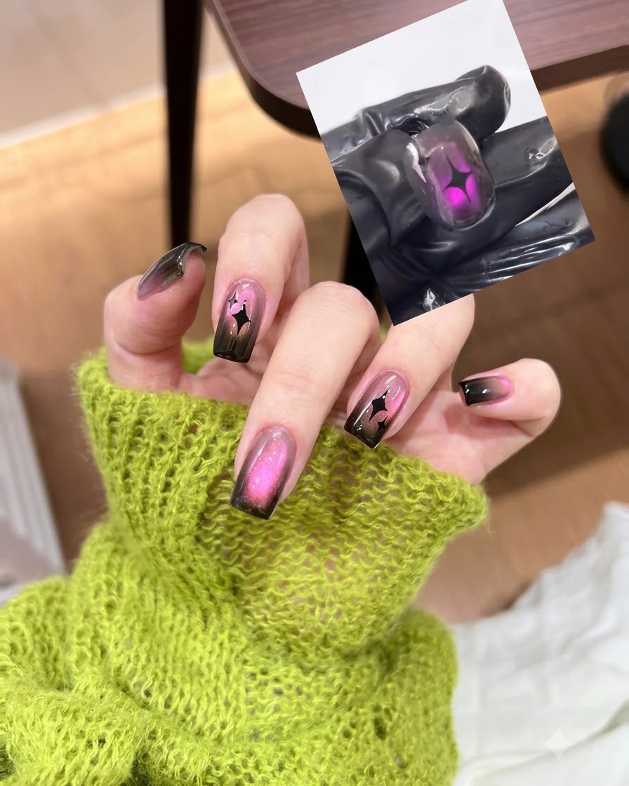 Ein Magnet-Tool schwebt über einem rosa Cat-Eye-Nagel, um die magnetischen Partikel zu verschieben.