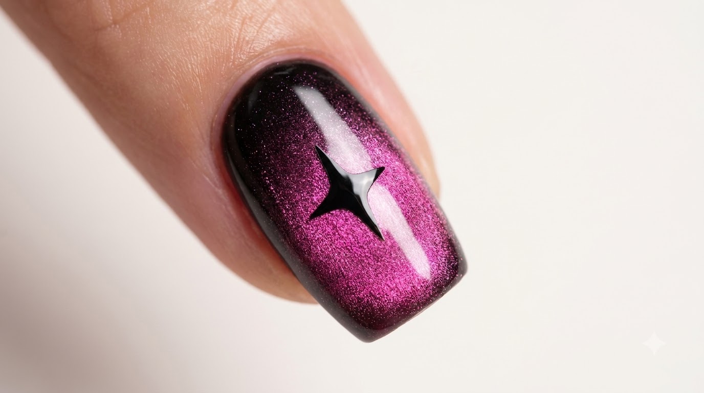 Nahaufnahme eines fertigen Nagels mit Schwarz-Rosa-Farbverlauf, Cat-Eye-Effekt und einem markanten schwarzen vierzackigen Stern-Nagelsticker in der Mitte.