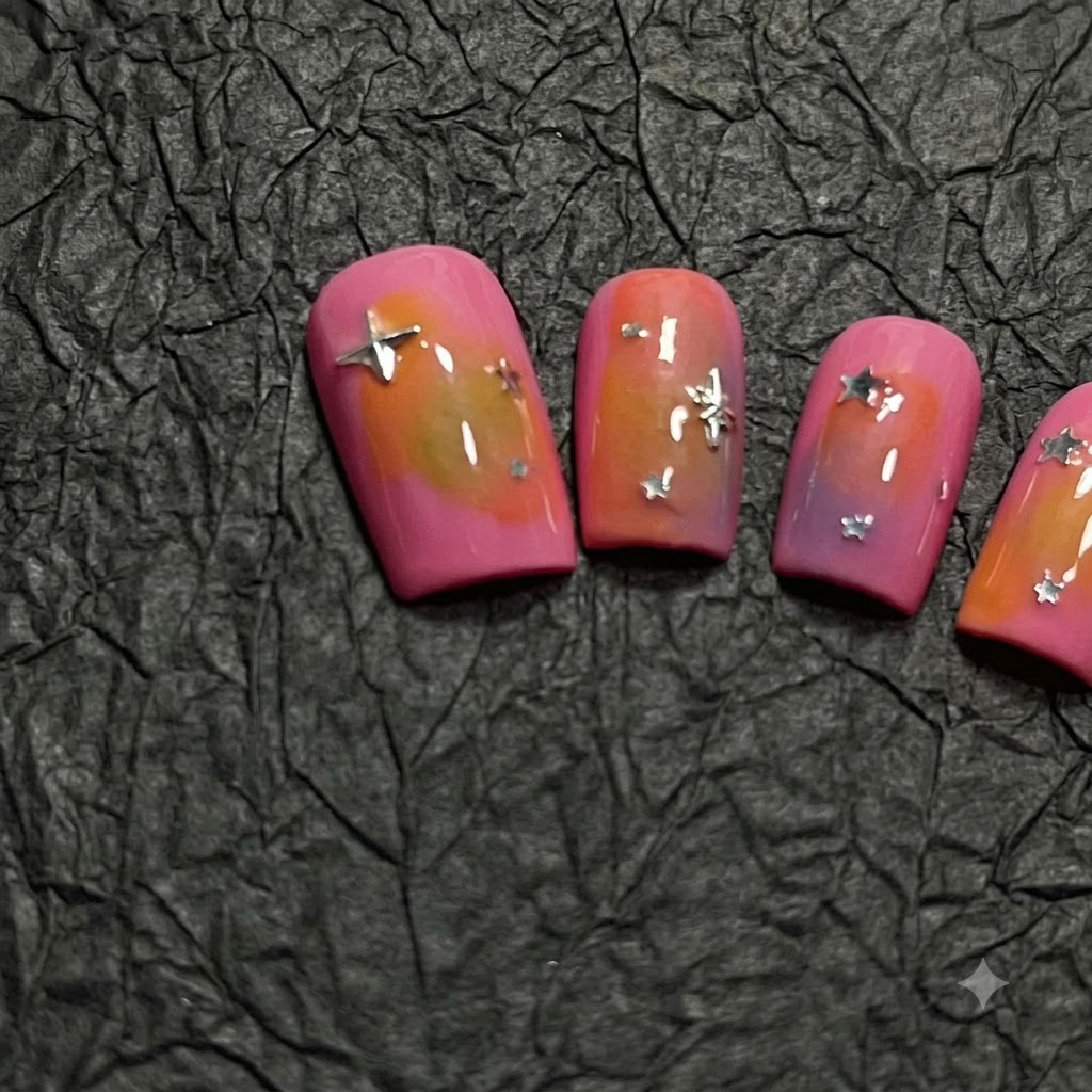 Eine Nahaufnahme eines rosa und orangefarbenen Farbverlaufs-Nagels, verziert mit verstreutem silbernem Sternen-Glitter.