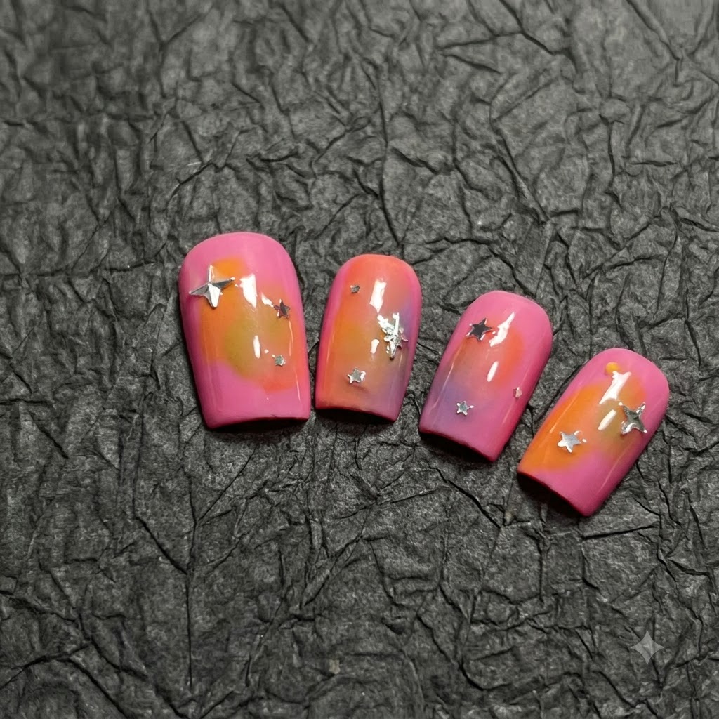 Eine mittlere Aufnahme über das Nageldisplay, die den verblendeten orange und lila Farbverlauf auf dem dritten Nagel zeigt.