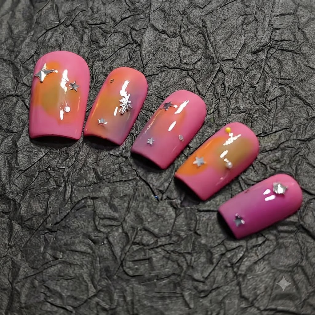 Eine Makro-Nahaufnahme des fünften Nagels, die den hellen rosa Nagelhautbereich und die sattes lila Nagelspitze zeigt.