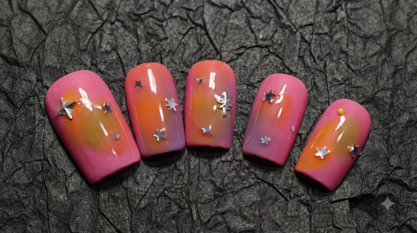 Pinker Sonnenuntergang-Farbverlauf bei Press-On-Nägeln mit Stern-Akzenten — Tutorial
