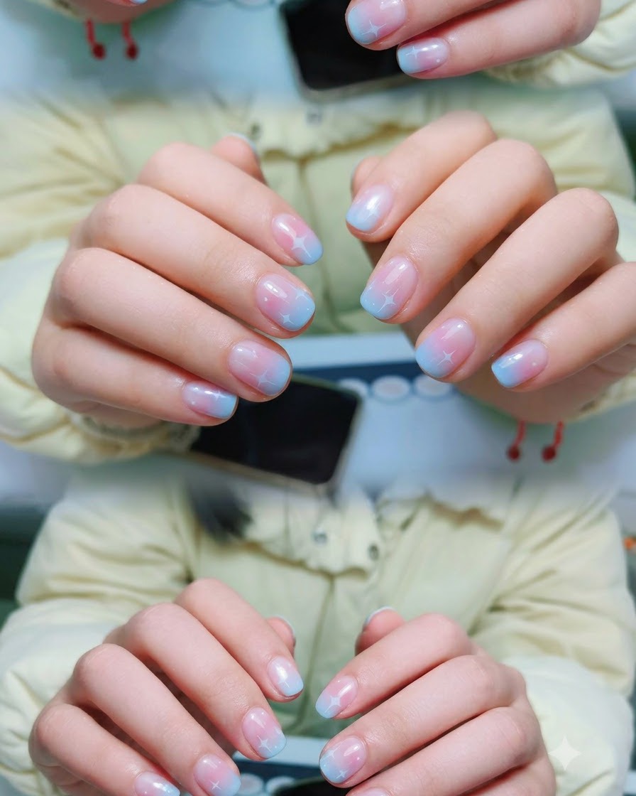 Hände in einer leuchtenden UV- oder LED-Nagelhärteleuchte während einer professionellen Maniküre.