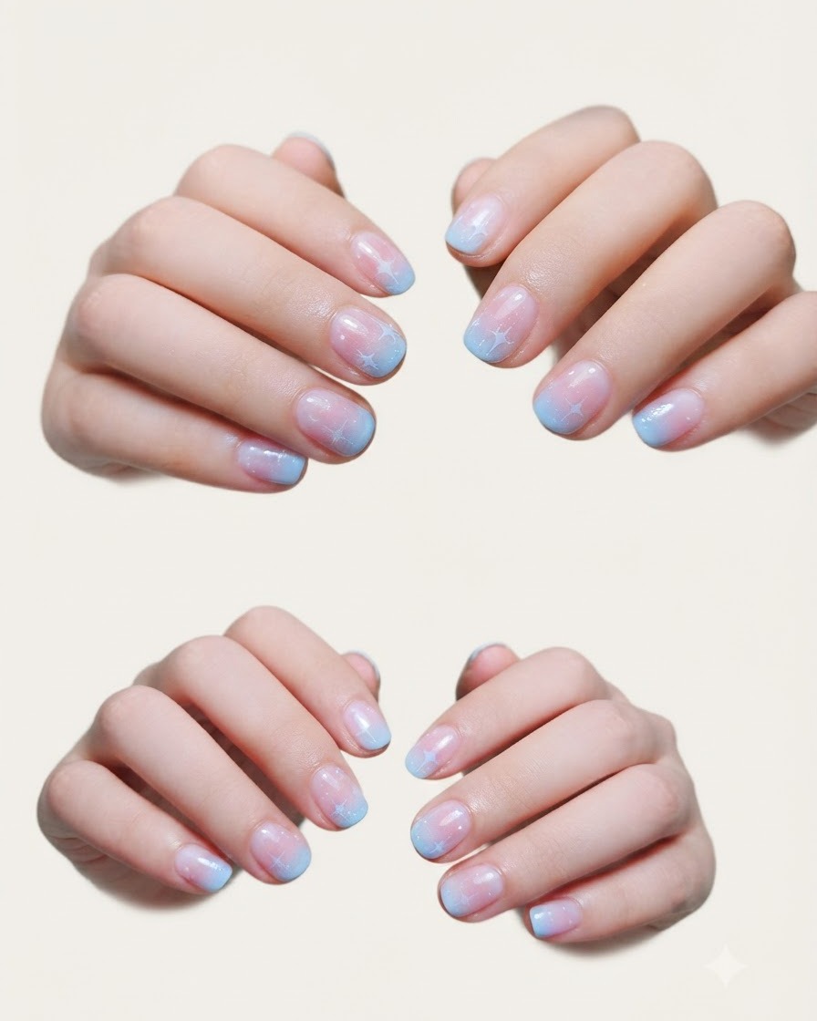 Ein Nagelpinsel trägt eine weiche pastellrosa Gel-Farbe auf die untere Hälfte eines Fingernagels auf.
