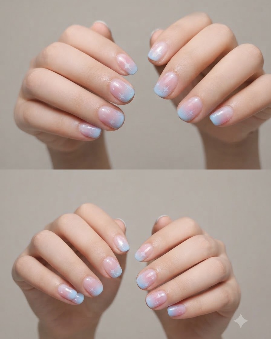 Ein kleiner Schwamm verblendet sanft die Übergangslinie zwischen rosa und blauem Gel auf einem Fingernagel.