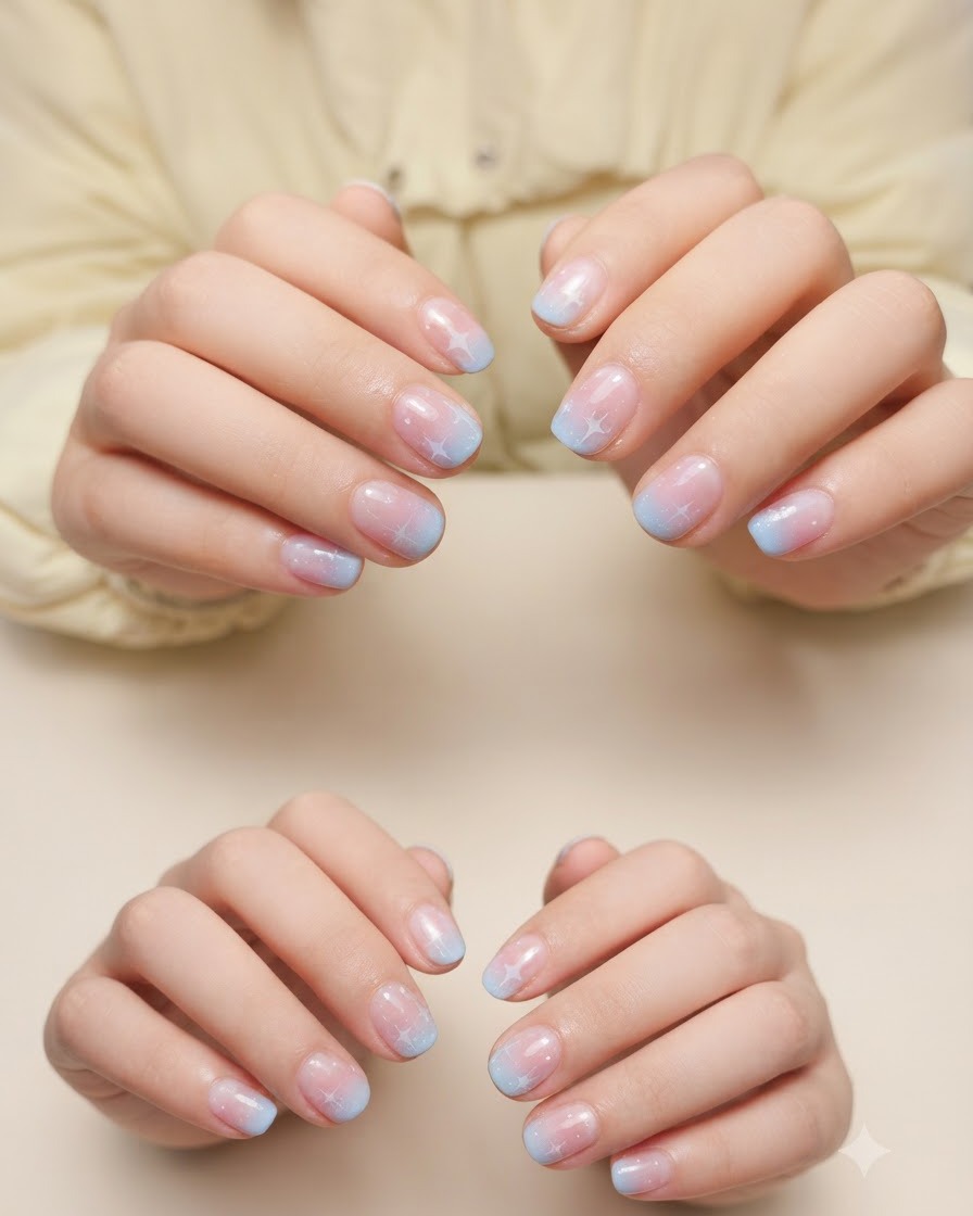 Fingernägel mit rosa-blauem Farbverlauf härten in einer professionellen UV- oder LED-Nagellampe aus.
