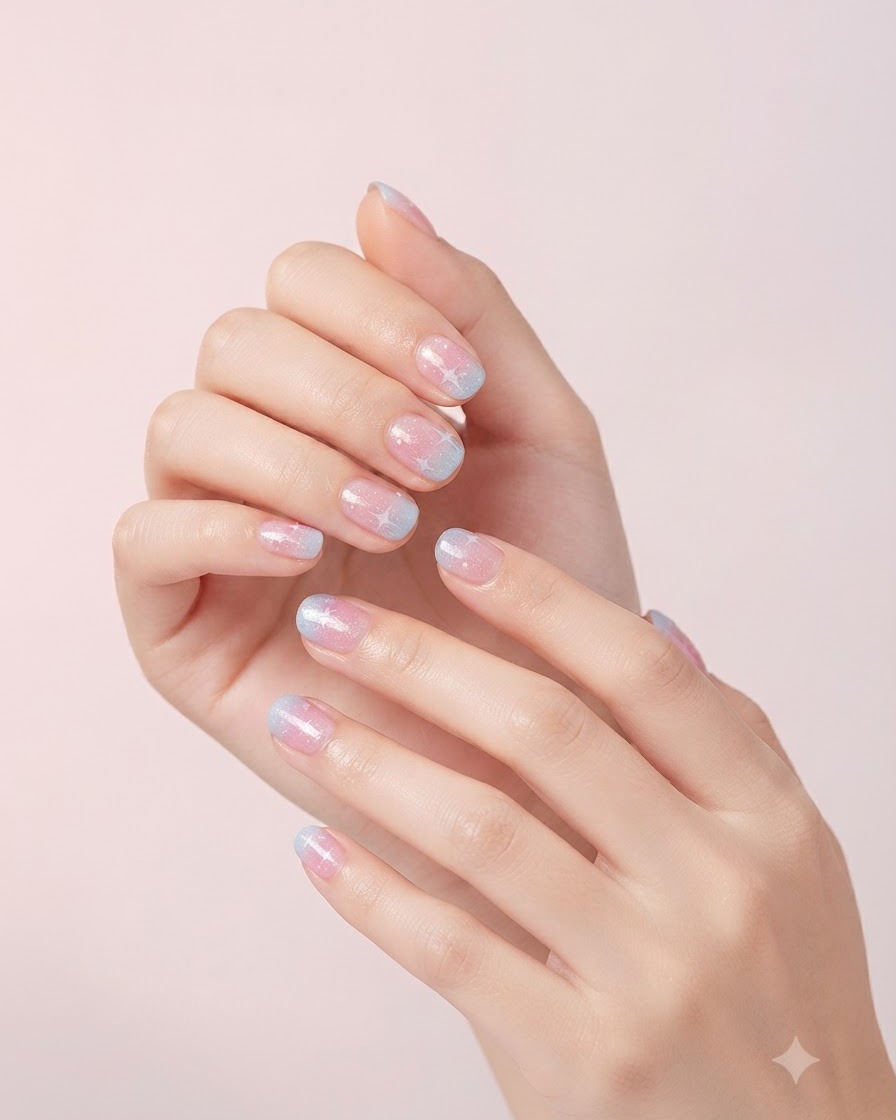 Nahaufnahme von Händen mit Farbverlauf und Stern-Nail-Art vor neutralem Hintergrund.