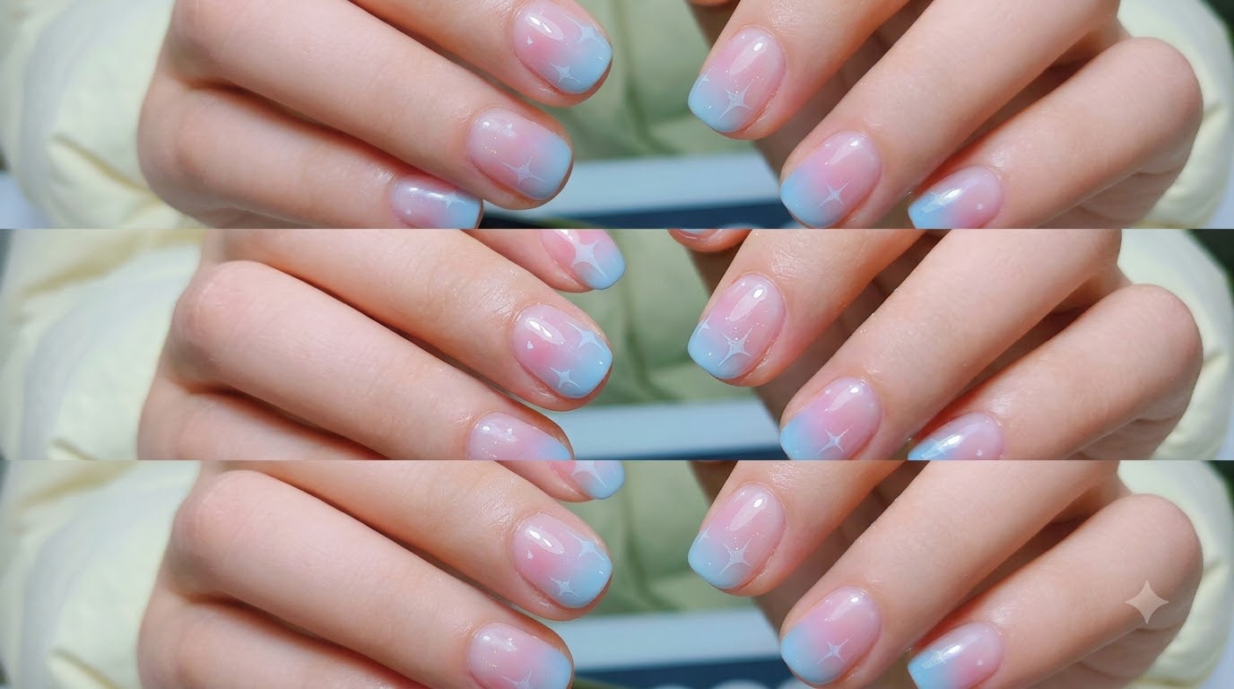 Rosa und blaue Ombré-Gelnägel mit Stern-Akzenten — Schritt-für-Schritt-Anleitung