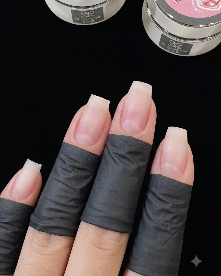 Nahaufnahme von vier Fingern mit schwarzen Schutzumrandungen, die Naturnägel zeigen, welche mit an der Nagelspitze aufgetragenem Builder Gel vorbereitet wurden.