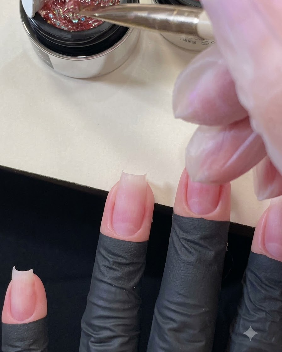 Ein flacher Pinsel mit rosa grobem Glitzer, der knapp über der Mitte eines vorbereiteten Mittelfingernagels schbt.