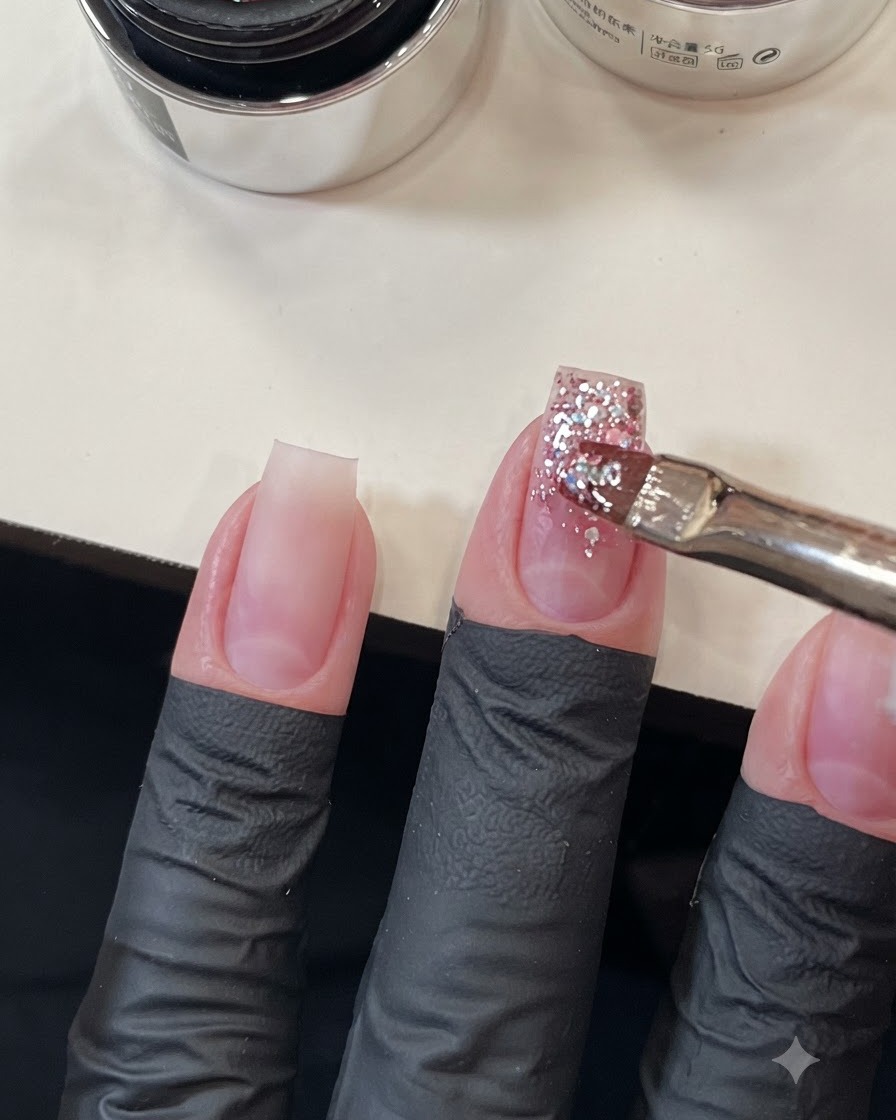 Gelpinsel, der präzise zusätzliche grobe Pailletten auf dem Mittelfingernagel platziert, um den Glitzerverlauf zu betonen.