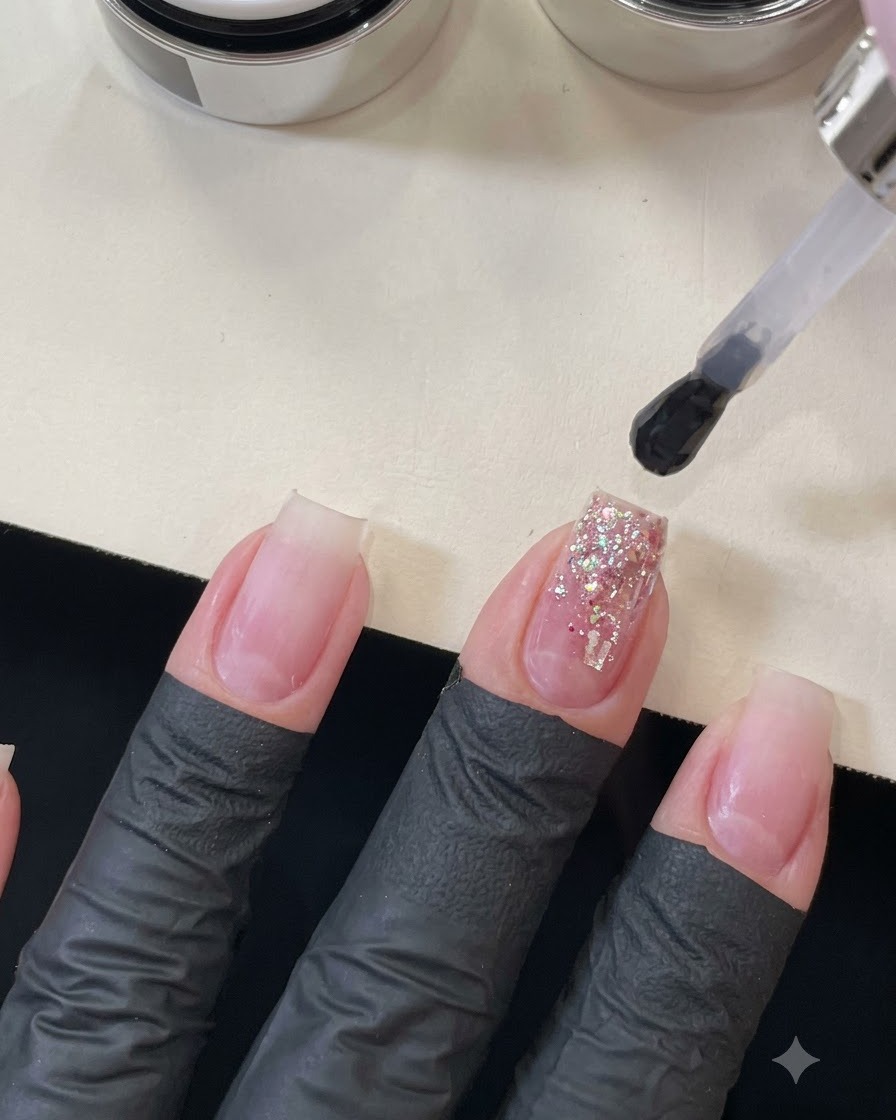 Ein Pinsel, der einen dicken Tropfen klares Builder Gel auf einen mit Pailletten bedeckten Nagel fallen lässt, um das Design einzukapseln.