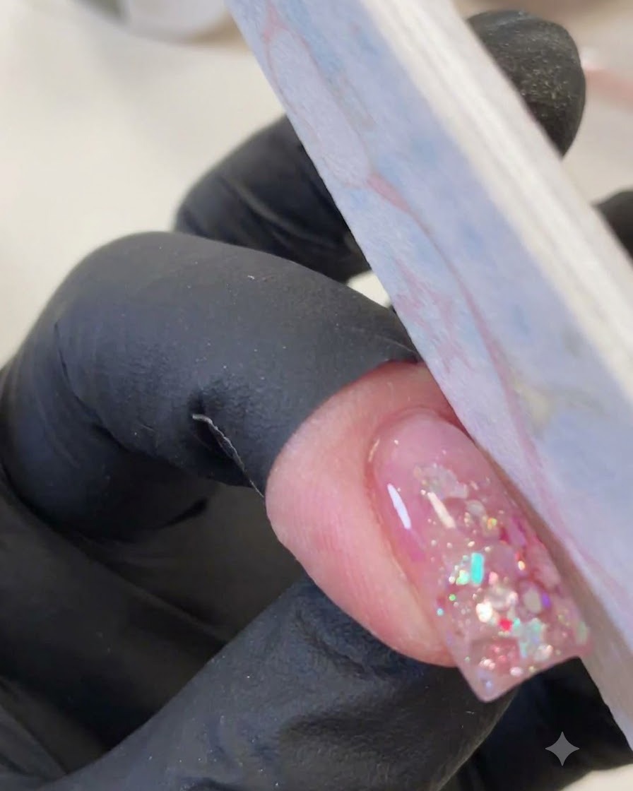 Eine bemalte Hand, die eine dünne Nagelfeile oder einen Puffer verwendet, um einen klaren Gelnagel mit eingearbeiteten rosa Pailletten zu glätten.