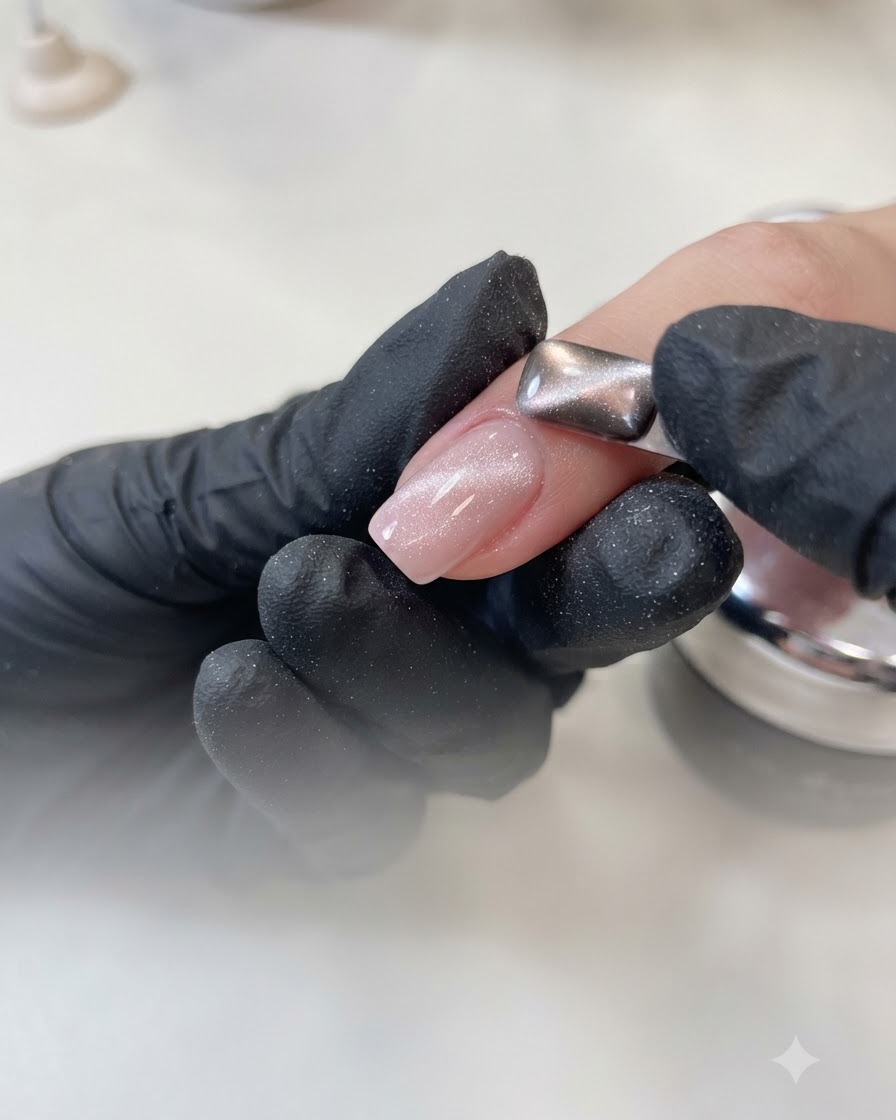Eine bemalte Hand, die einen silbernen, rechteckigen Magneten über einen mit schimmerndem Nude-Cat-Eye-Gel lackierten Nagel hält.