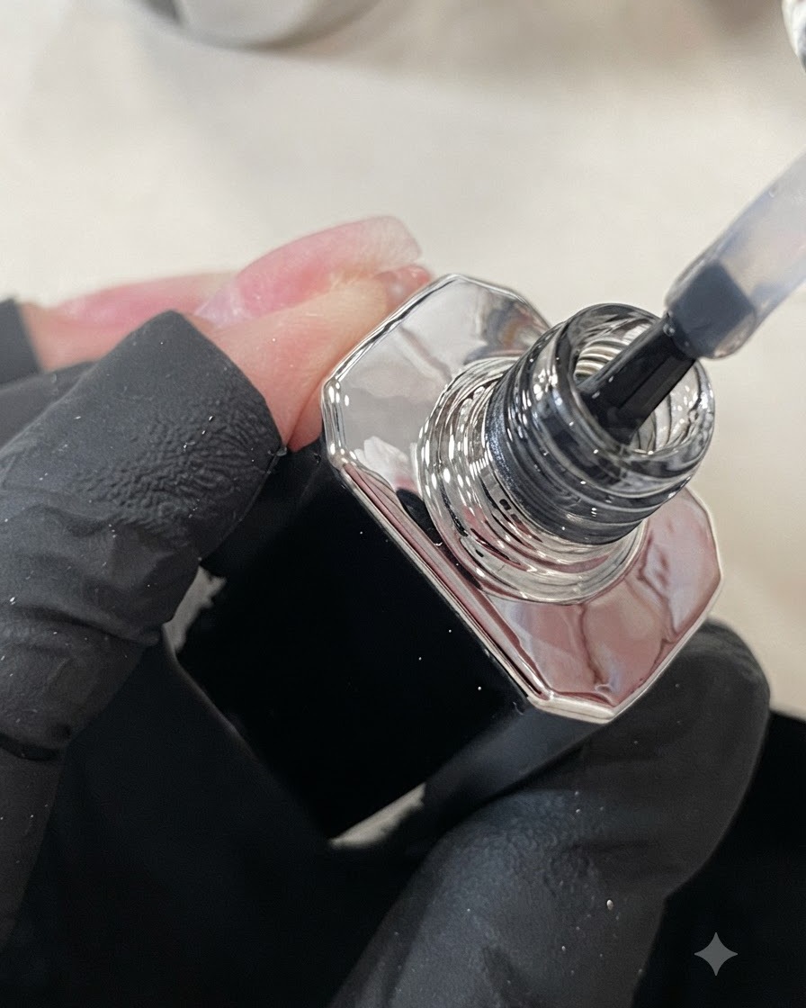 Ein Pinsel, der einen klaren, glänzenden Top Coat über einen Mittelfingernagel aufträgt.