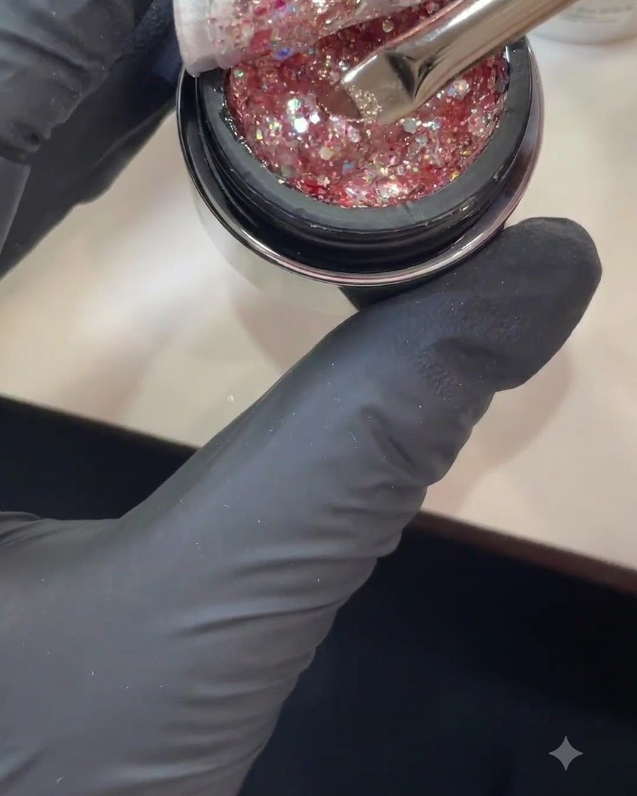 Eine bemalte Hand, die einen Pinsel hält, welcher in ein Gefäß mit glitzernden rosa und Duochrom-Pailletten eintaucht.