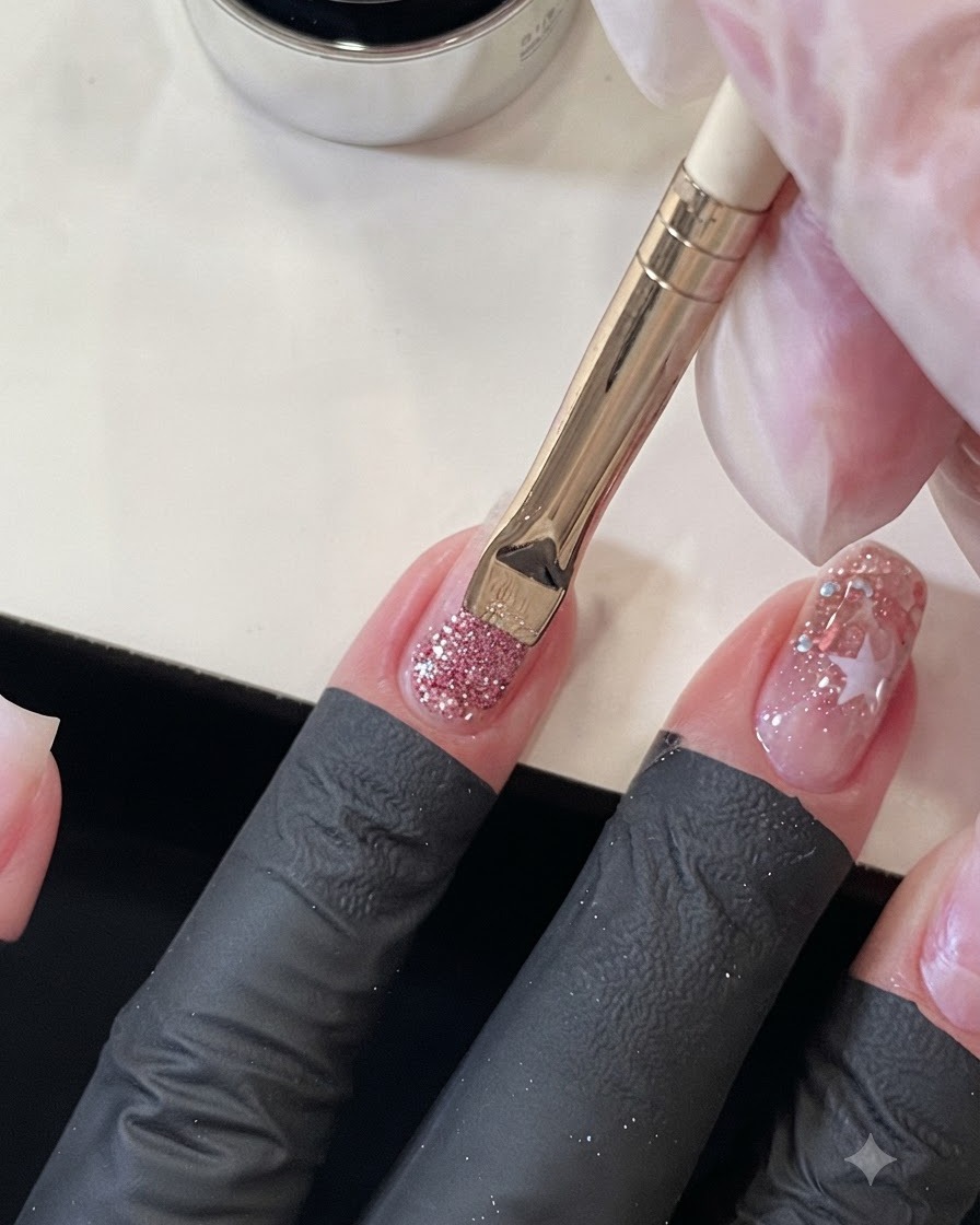 Ein Nagelpinsel, der rosa Pailletten vom Nagelhautbereich auf einem Ringfingernagel nach unten zieht.
