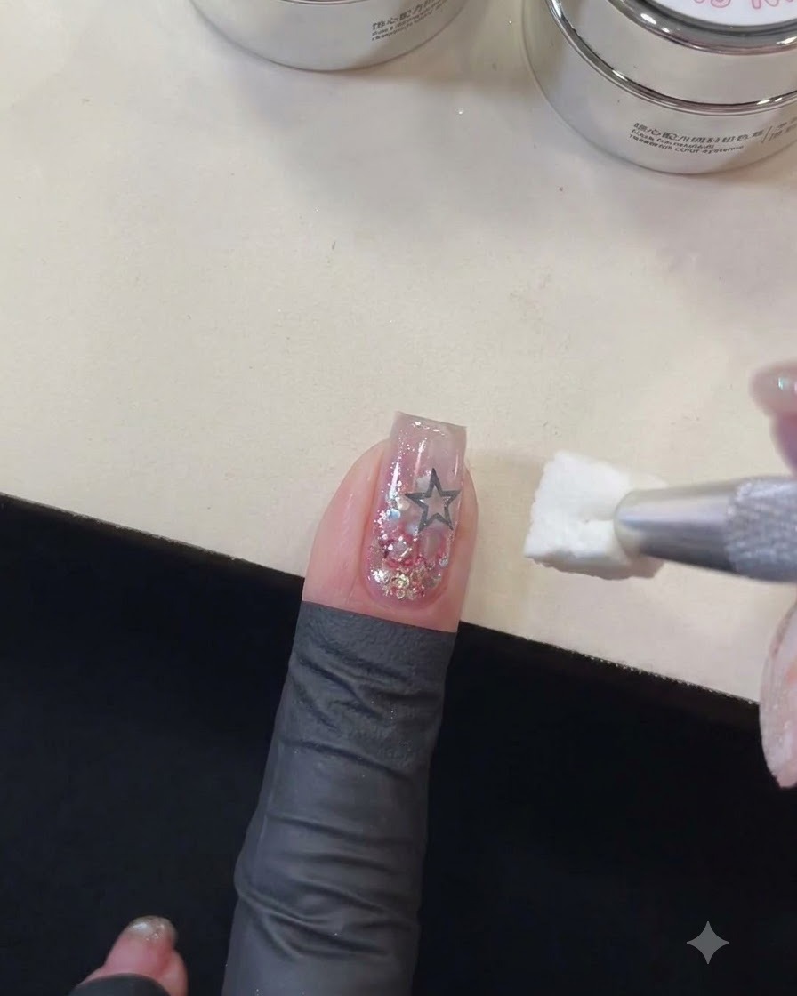 Ein Schwammwerkzeug, das in der Nähe eines Fingers gehalten wird, welcher eine Sternschablonenumrisse auf dem Nagel zeigt.