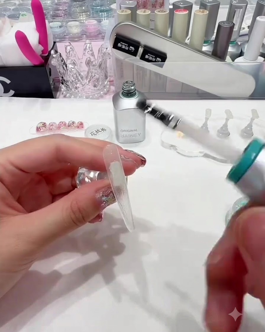 Ein Pinsel trägt klares Base Gel gleichmäßig auf eine lange, transparente Nagelspitze auf.