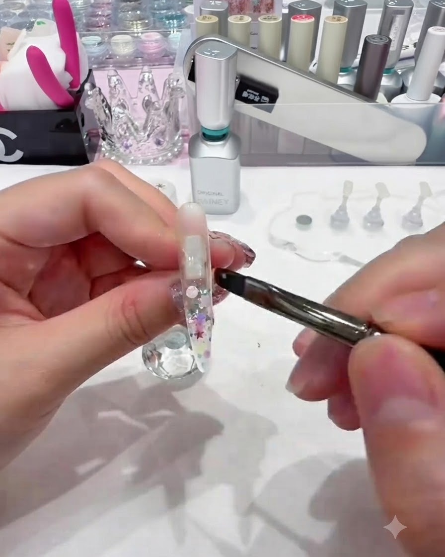 Die Kante eines feinen Nagelpinsels wird genutzt, um bunte Pailletten gleichmäßig über die Länge der Nagelspitze zu ziehen und zu verteilen.