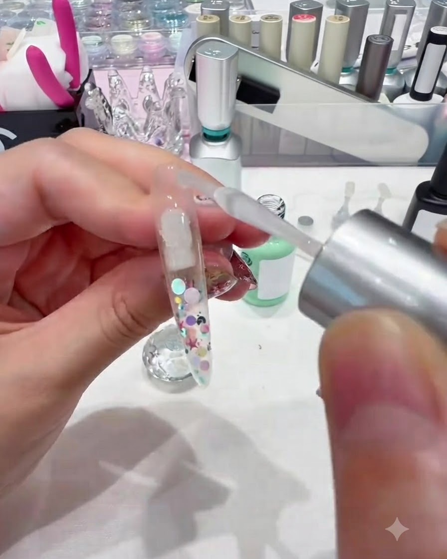 Eine Pinzette hält einen Make-up-Schwamm, der hellrosa Gel auf einen Nagel tupft.