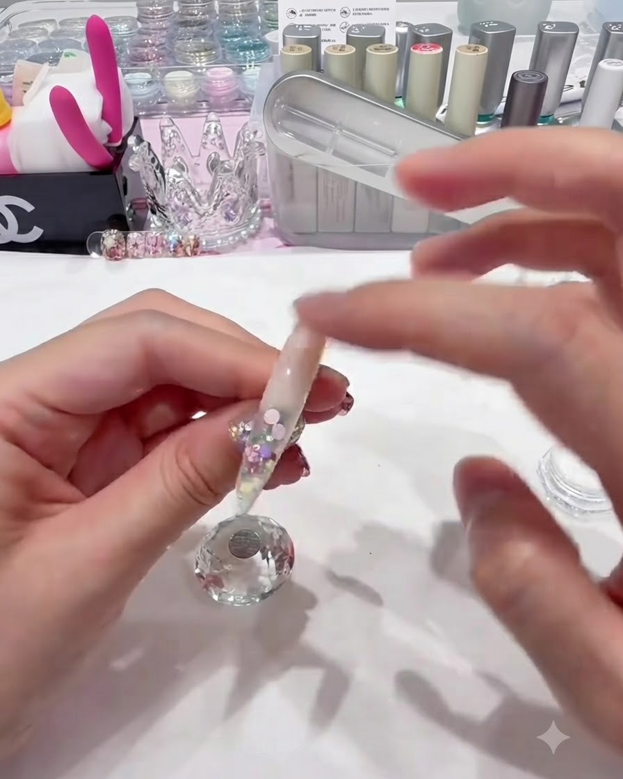 Eine bloße Fingerspitze reibt irisierendes Aurora-Chrom-Pulver auf den Nagelhautbereich eines glänzenden Nagels.