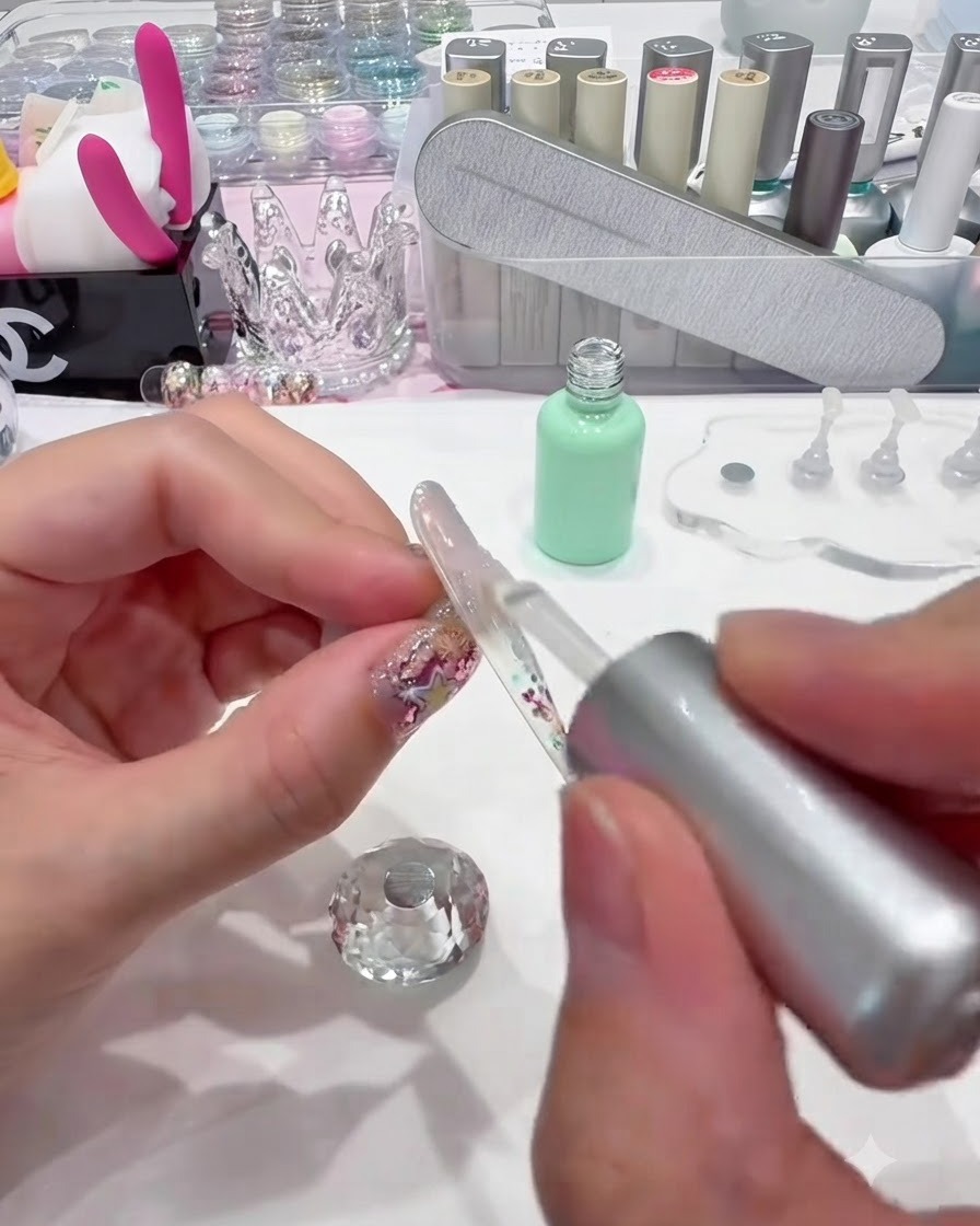 Ein Pinsel trägt klares Builder Gel über einen mit Aurora-Chrom-Pulver versehenen Nagel auf.
