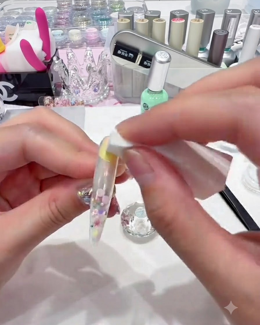 Feine Pinzetten platzieren einen kleinen gelben Sternensticker auf der Oberfläche eines dekorierten Nagels.