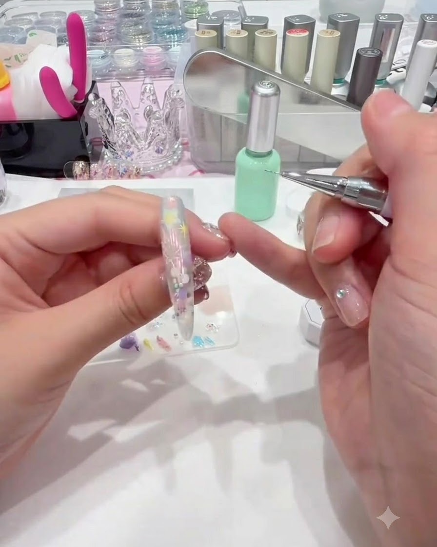 Ein Dotting-Tool fügt kleine Akzentpunkte zwischen Nail-Art-Elementen hinzu.