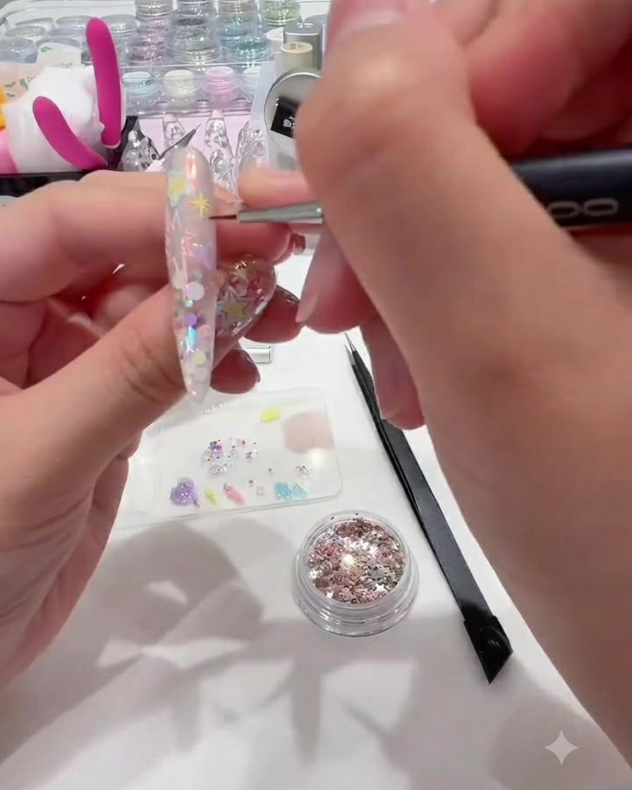 Ein feines Werkzeug platziert kleinen sternenförmigen Glitzer in leere Bereiche eines Nageldesigns.