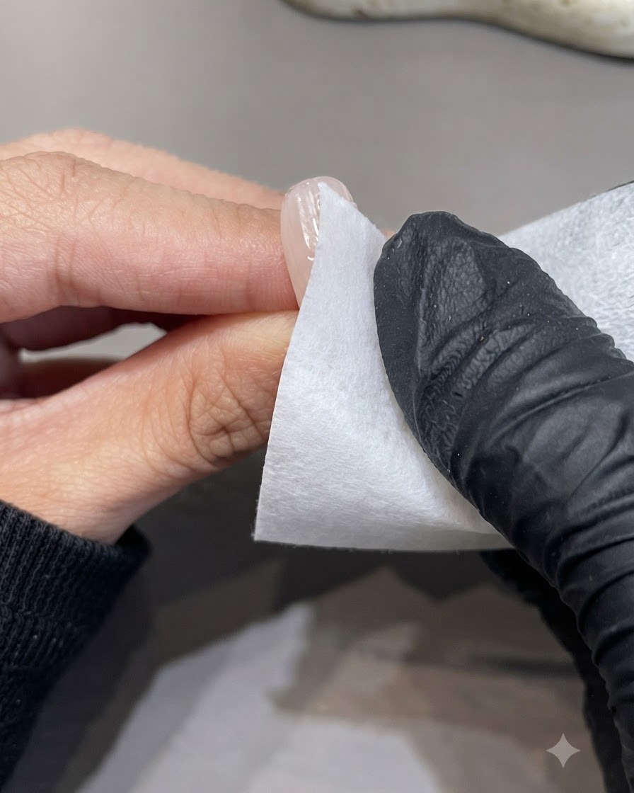 Eine bemalte Hand verwendet ein weißes fusselfreies Tuch, um die Oberfläche eines manikürten Nagels zu reinigen.