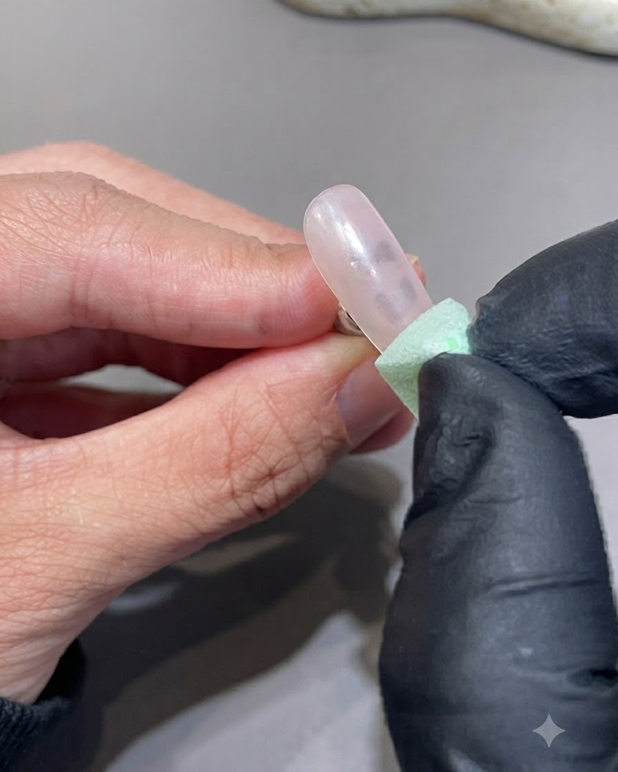 Ein strukturiertes grünes Make-up-Schwämmchen tupft Pigment auf die Spitze eines lackierten Nagels.
