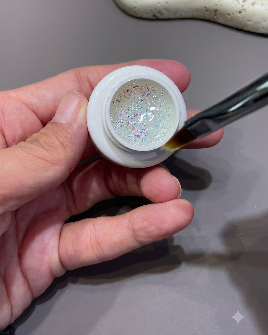 Ein kleiner Pinsel taucht in ein Döschen mit irisierenden Bubble-Sequin-Flakes und holografischem Glitter.