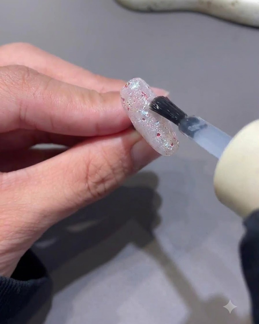 Ein kleiner Pinsel trägt klares Aufbaugel auf einen mit Glitter und Pailletten versehenen Nagel auf.