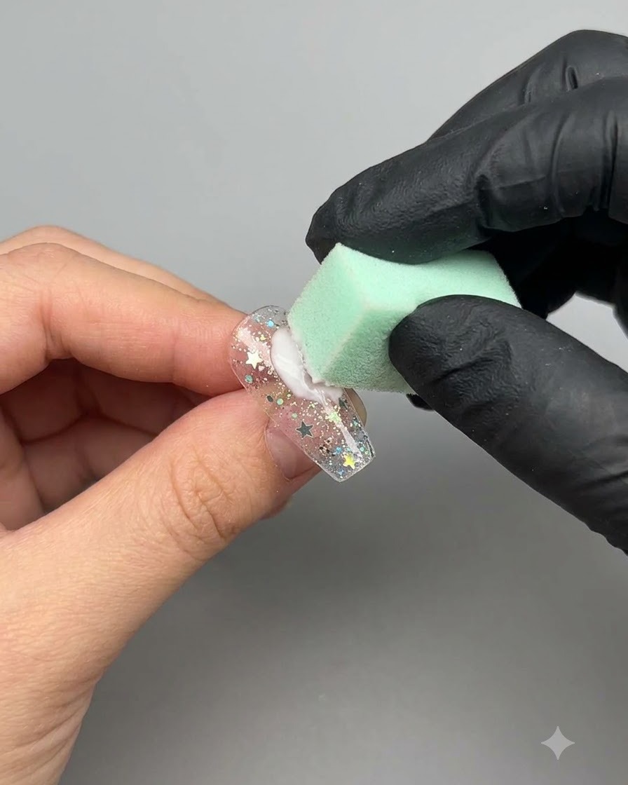 Ein grüner Schwamm tupft weißes Gel auf einen mit einem Stern-Aufkleber verzierten Nagel.