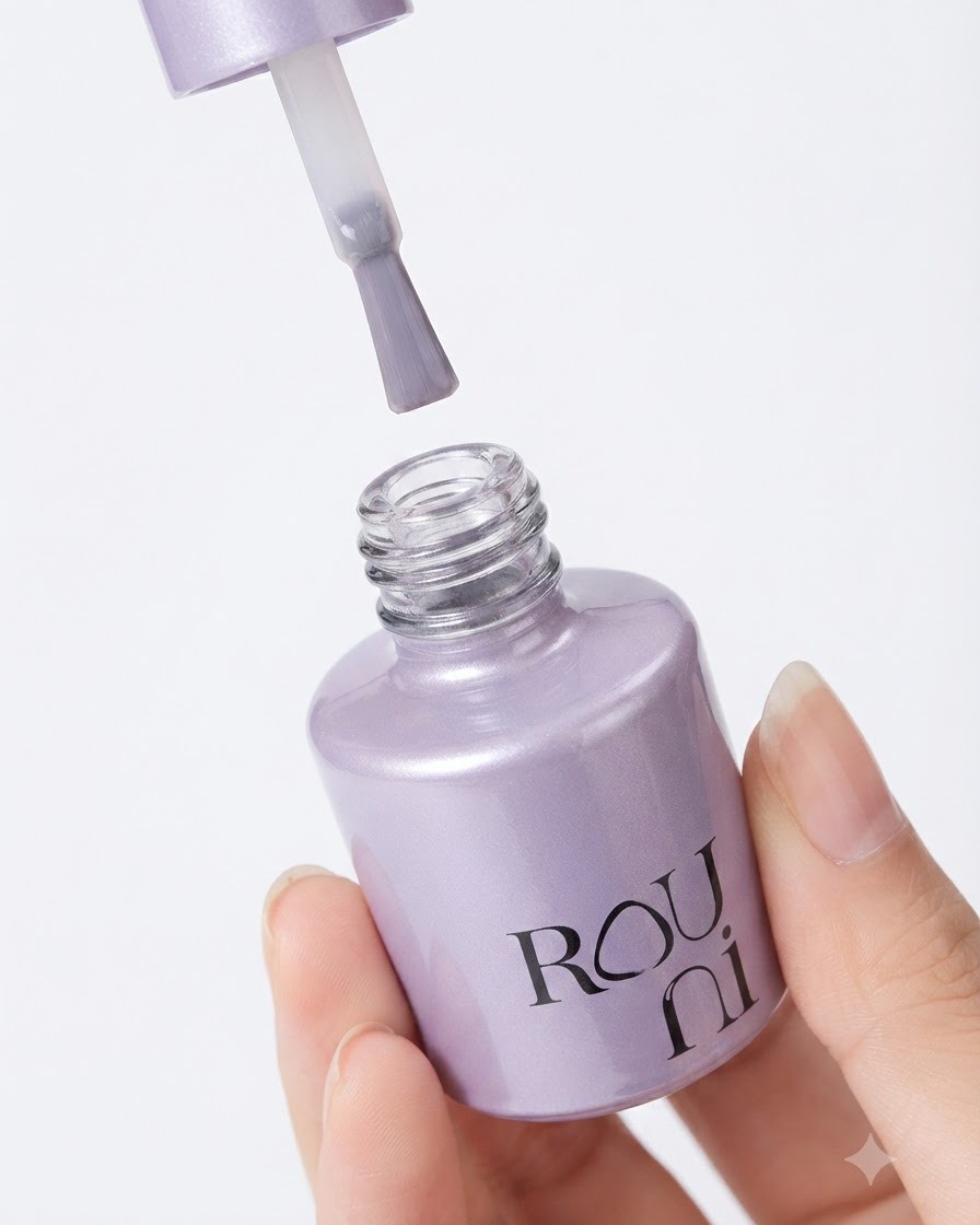 Ein Pinsel trägt einen klaren Gel-Base-Coat auf einen unlackierten Fingernagel auf.
