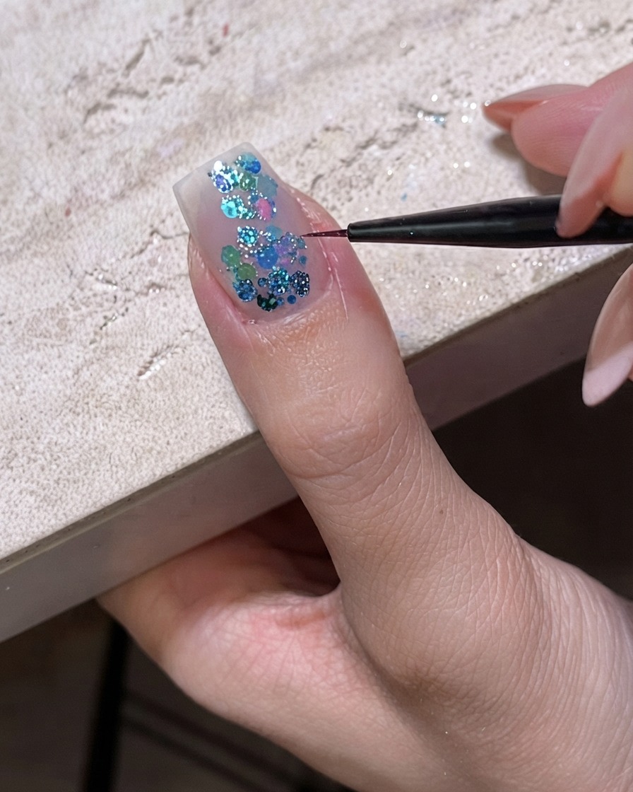 Ein feiner Pinsel platziert blaue Hologramm-Glitterteile auf einem mit Gel beschichteten Nagel.